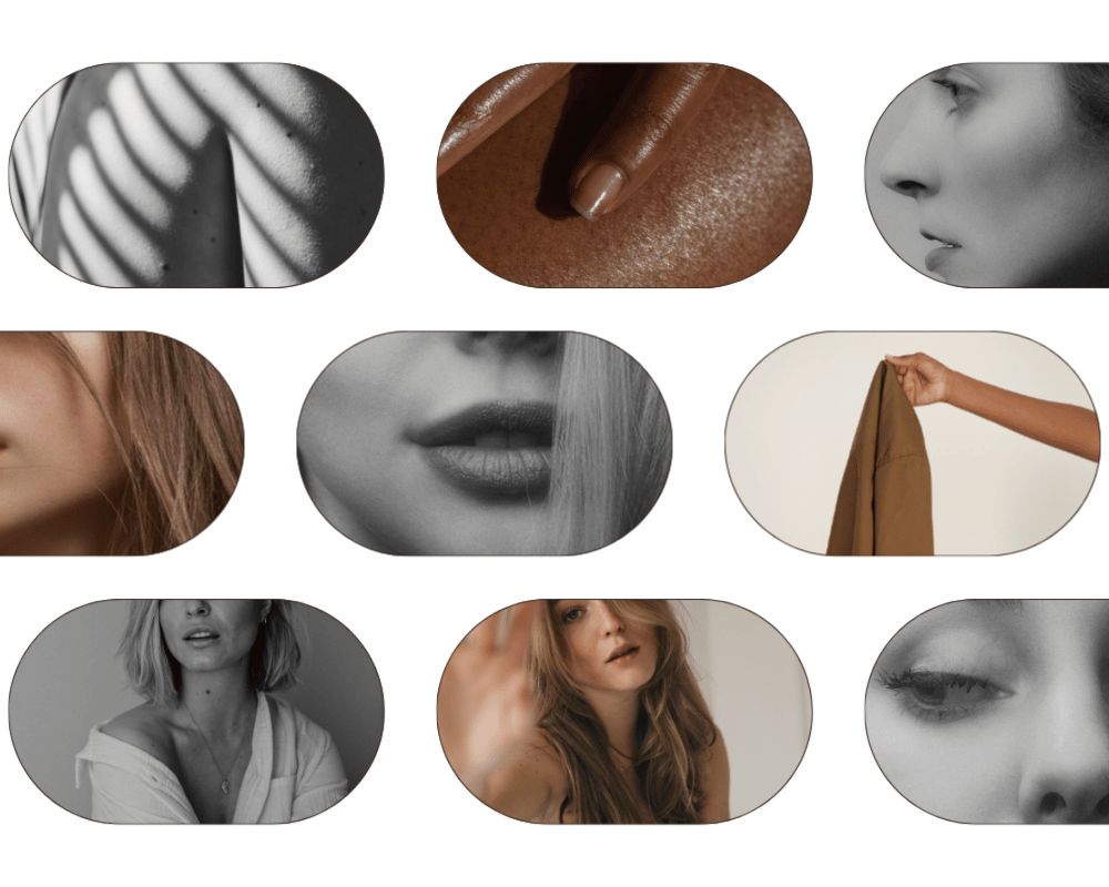 Collage of close-up beauty details including skin textures, lips, eyes, and fashion elements in a minimal editorial style.