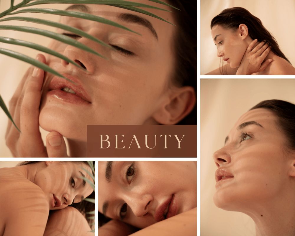 Soft aesthetic beauty collage featuring a woman's close-up portraits with natural light and leaf shadows.
