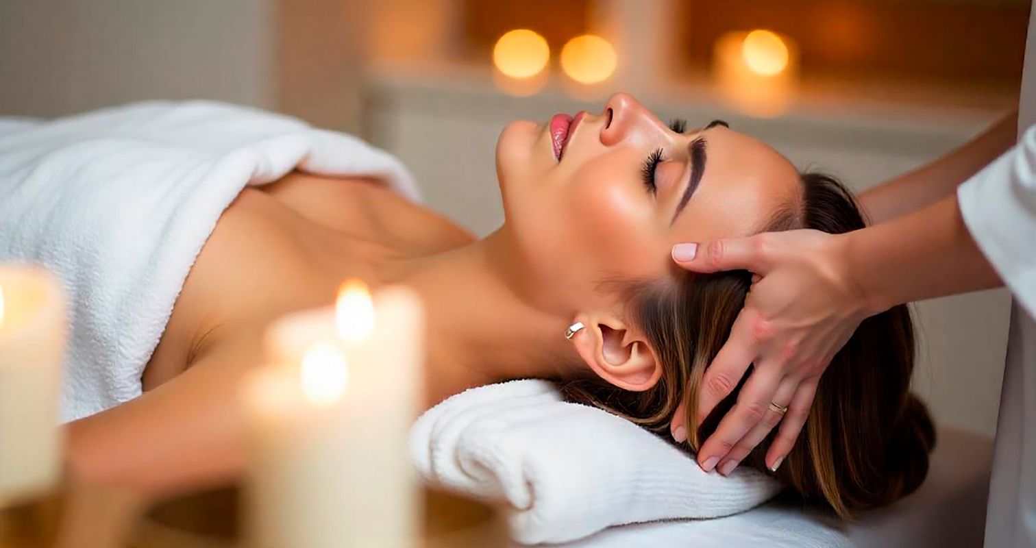 Woman receiving a relaxing head massage at a luxurious spa with candles in the background, ideal for wellness and rejuvenation