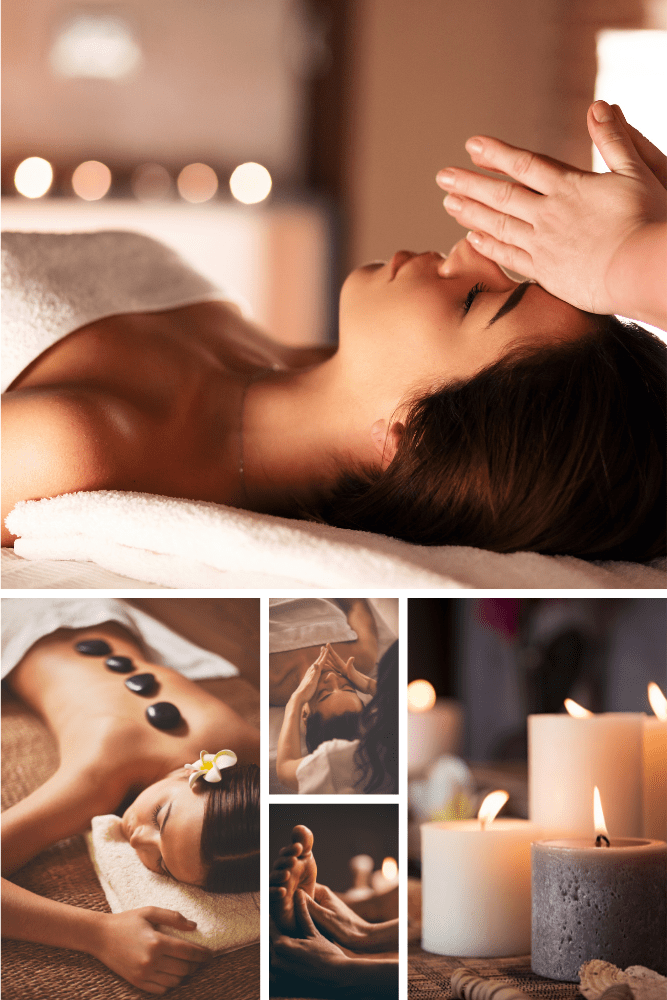 Med spa relaxation collage with facial massage, hot stone therapy, and soothing candle ambience