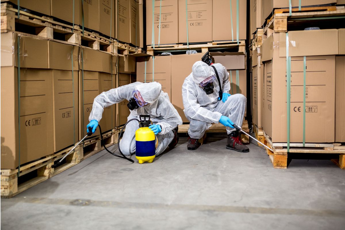 Professional pest control treatment in a warehouse for insect and rodent control